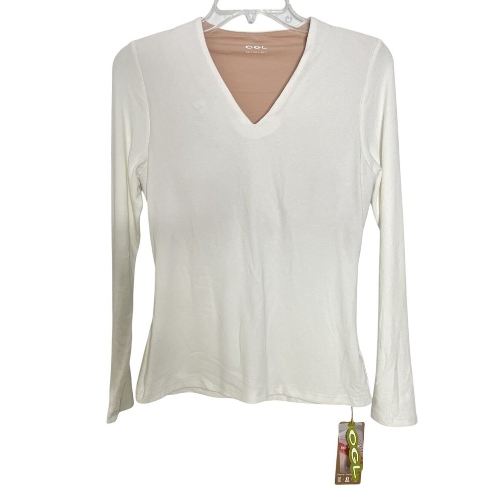 OGL White  V-Neck  Bra Top Tee Long Sleeves Size Large‎ NWT